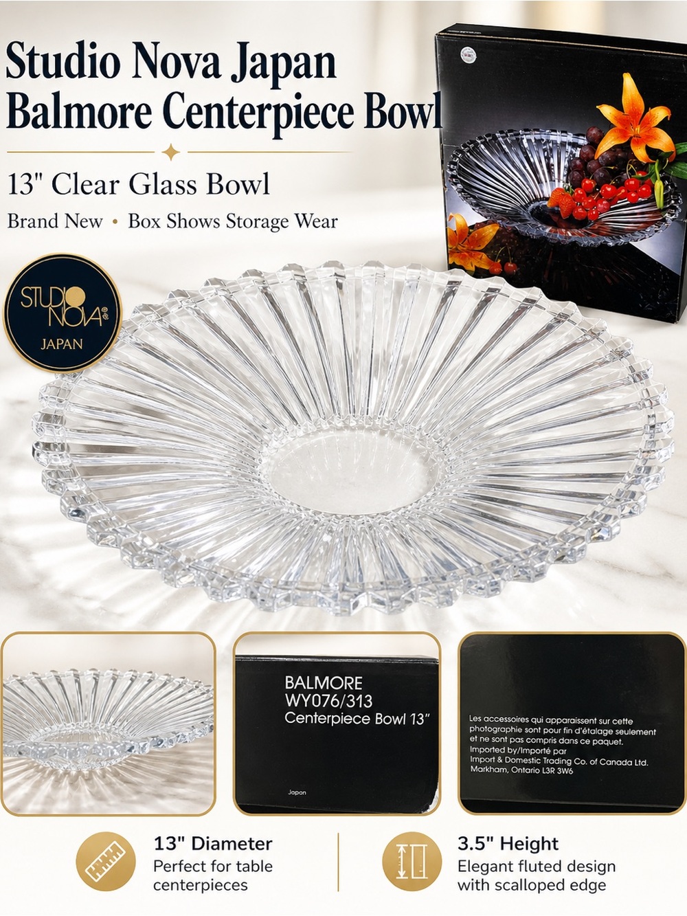 Studio Nova Japan Balmore 13” Clear Glass Centerpiece Bowl NIB